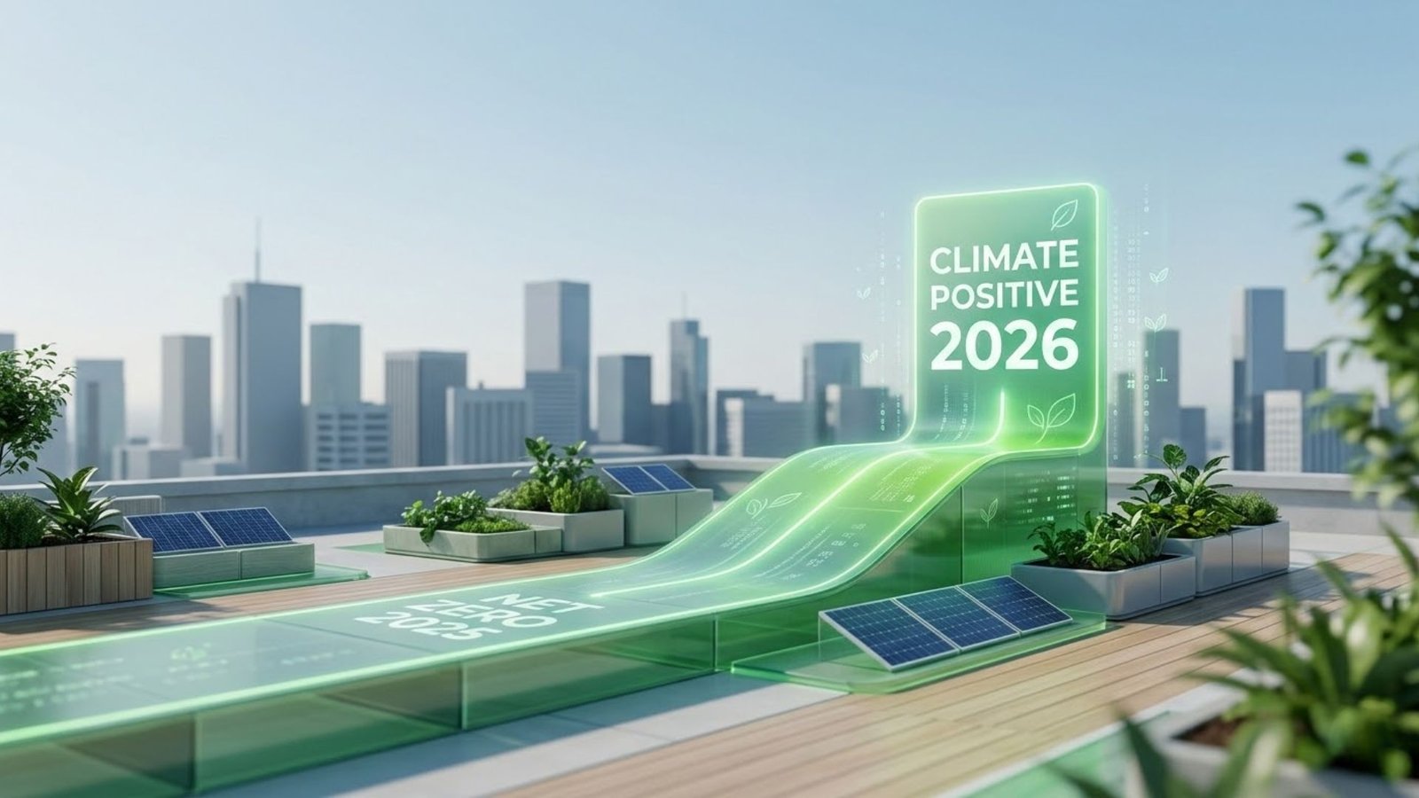 A futuristic green glass path rising above a modern city skyline, transitioning from a Net Zero 2025 base to a glowing Climate Positive 2026 benchmark, surrounded by rooftop gardens and solar panels.