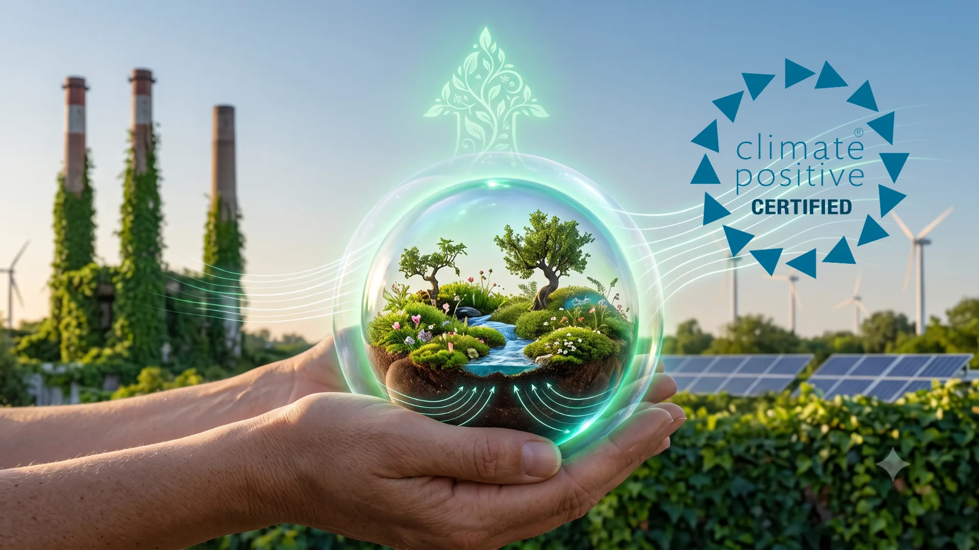 A conceptual cover image illustrating Climate Positive certification: human hands carefully nurture a glowing glass biosphere containing a thriving miniature ecosystem. In the background, a transition is shown as an ivy-covered industrial site transforms into a landscape of wind turbines and solar panels under a clear sky. The visual represents the move from carbon neutrality to restorative, generative environmental action beyond net zero.