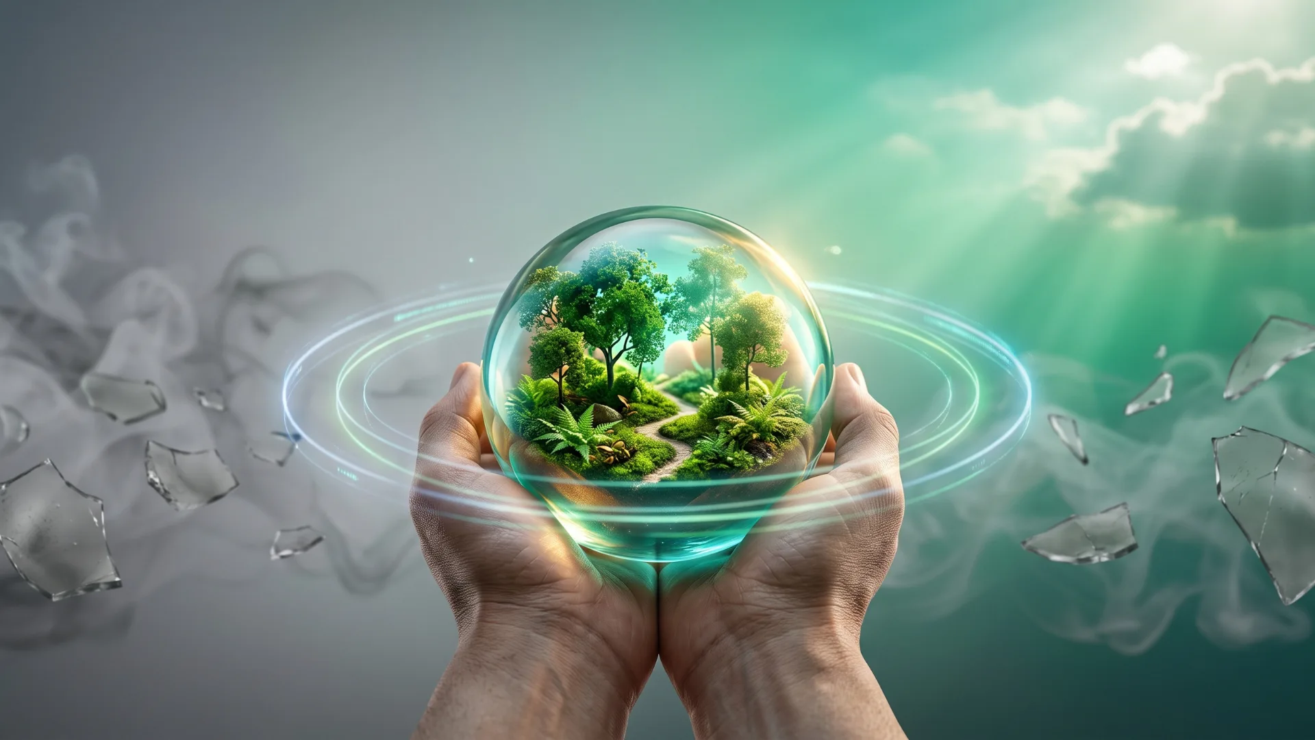 Hands holding a glowing glass sphere with a thriving green ecosystem inside, symbolizing a verified climate positive claim, while broken glass and grey smoke dissolve in the background