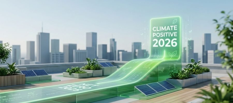 A futuristic green glass path rising above a modern city skyline, transitioning from a Net Zero 2025 base to a glowing Climate Positive 2026 benchmark, surrounded by rooftop gardens and solar panels.