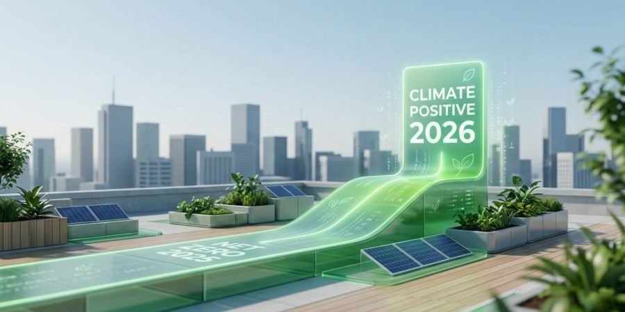 A futuristic green glass path rising above a modern city skyline, transitioning from a Net Zero 2025 base to a glowing Climate Positive 2026 benchmark, surrounded by rooftop gardens and solar panels.