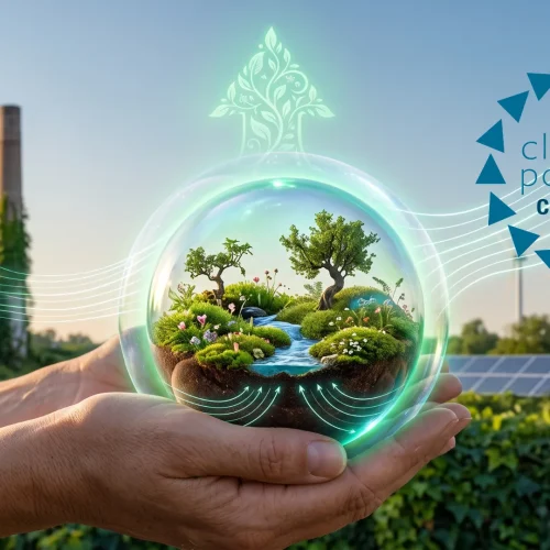 A conceptual cover image illustrating Climate Positive certification: human hands carefully nurture a glowing glass biosphere containing a thriving miniature ecosystem. In the background, a transition is shown as an ivy-covered industrial site transforms into a landscape of wind turbines and solar panels under a clear sky. The visual represents the move from carbon neutrality to restorative, generative environmental action beyond net zero.