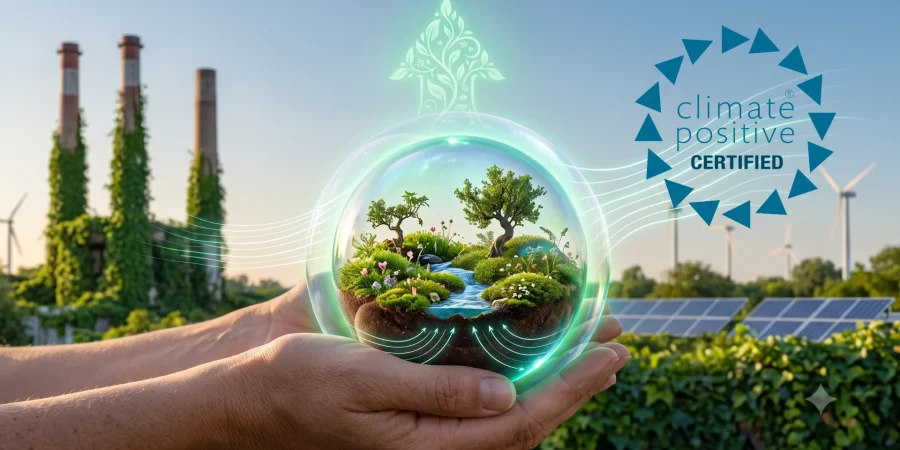 A conceptual cover image illustrating Climate Positive certification: human hands carefully nurture a glowing glass biosphere containing a thriving miniature ecosystem. In the background, a transition is shown as an ivy-covered industrial site transforms into a landscape of wind turbines and solar panels under a clear sky. The visual represents the move from carbon neutrality to restorative, generative environmental action beyond net zero.