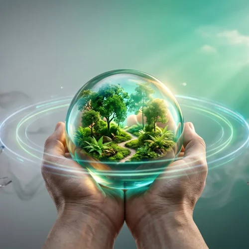 Hands holding a glowing glass sphere with a thriving green ecosystem inside, symbolizing a verified climate positive claim, while broken glass and grey smoke dissolve in the background