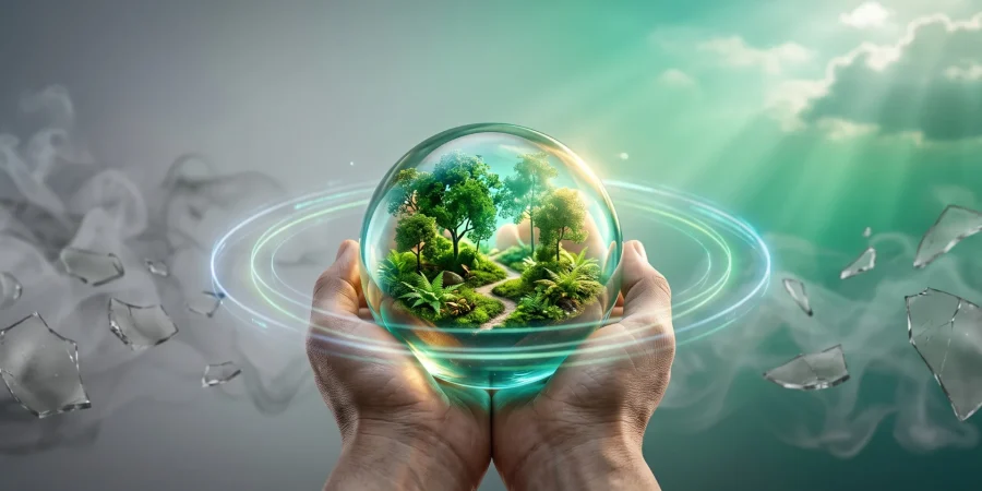 Hands holding a glowing glass sphere with a thriving green ecosystem inside, symbolizing a verified climate positive claim, while broken glass and grey smoke dissolve in the background